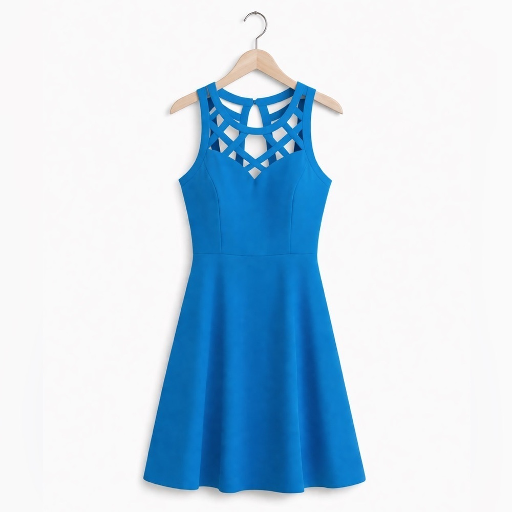 Guess Blue Fit & Flare Dress Size 8 Sleeveless Crisscross Bodice Lined